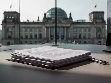 Ein Schreibtisch mit juristischen Dokumenten und einem Stift vor einem unscharfen Behördengebäude. - Foto: über boerse-global.de
