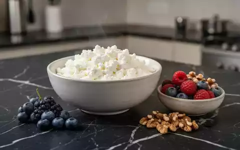 Eine Schale mit Hüttenkäse, garniert mit Nüssen und Beeren auf einer dunklen Marmoroberfläche. - Foto: über boerse-global.de