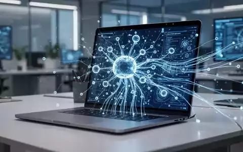 Moderner Laptop-Bildschirm mit digitalen neuronalen Netzen und Datenströmen, die autonome KI-Aufgabenautomatisierung darstellen. - Foto: über boerse-global.de