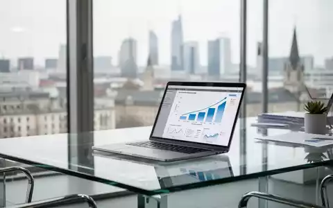 Moderner Büroarbeitsplatz mit Laptop und Wachstumsdiagrammen vor einer urbanen Kulisse in Hessen. - Foto: über boerse-global.de