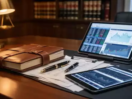 Ein Schreibtisch mit einem Kassenbuch, einem Füllfederhalter und einem Tablet mit Finanzdiagrammen. - Foto: über boerse-global.de