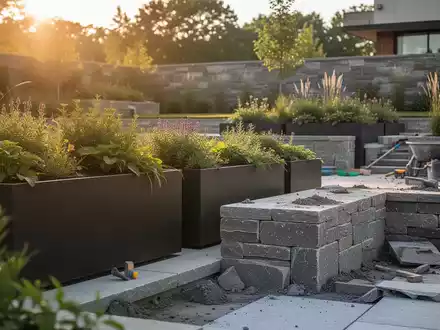Ein modern gestalteter Garten mit großen Pflanzgefäßen und hochwertigen Steinarbeiten bei Sonnenlicht. - Foto: über boerse-global.de