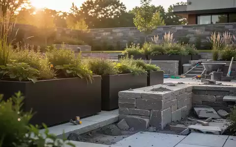 Ein modern gestalteter Garten mit großen Pflanzgefäßen und hochwertigen Steinarbeiten bei Sonnenlicht. - Foto: über boerse-global.de