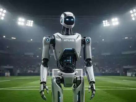 Fortschrittlicher Atlas-Humanoidroboter auf einem Profi-Fußballfeld unter hellen Stadionlichtern. - Foto: über boerse-global.de
