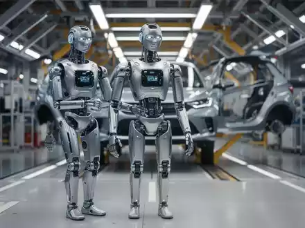 Fortschrittlicher humanoider Roboter auf dem Boden einer modernen Autofabrik. - Foto: über boerse-global.de