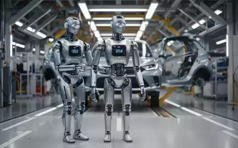 Fortschrittlicher humanoider Roboter auf dem Boden einer modernen Autofabrik. - Foto: über boerse-global.de