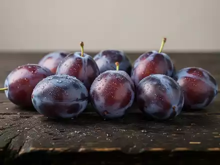 Frische reife Pflaumen mit Tautropfen auf einem dunklen Holztisch in einer professionellen Nahaufnahme. - Foto: über boerse-global.de
