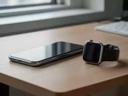 Ein minimalistischer Schreibtisch mit einem modernen Smartphone und einer Smartwatch, die eine vernetzte Arbeitsumgebung symbolisieren. - Foto: über boerse-global.de