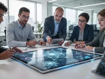 Ein Team in einem modernen Büro arbeitet gemeinsam an einem Tablet mit Datenvisualisierungen zur KI-Integration. - Foto: über boerse-global.de