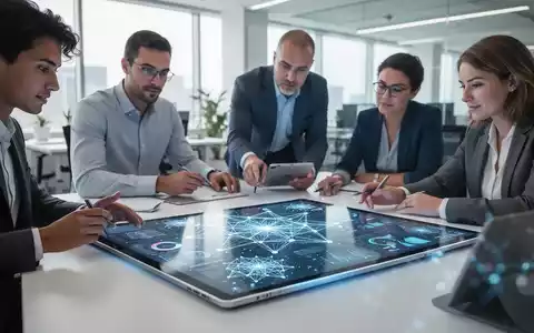 Ein Team in einem modernen Büro arbeitet gemeinsam an einem Tablet mit Datenvisualisierungen zur KI-Integration. - Foto: über boerse-global.de