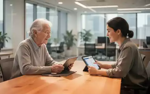 Ein älterer Mensch und eine jüngere Person sitzen an einem Tisch und lernen gemeinsam an einem Tablet. - Foto: über boerse-global.de