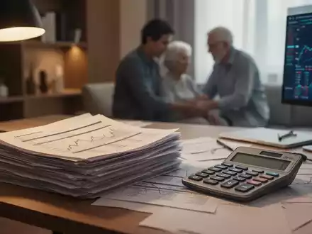 Ein Schreibtisch mit Finanzunterlagen und Taschenrechner, im Hintergrund schemenhaft eine Pflegesituation. - Foto: über boerse-global.de