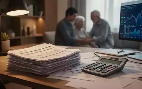 Ein Schreibtisch mit Finanzunterlagen und Taschenrechner, im Hintergrund schemenhaft eine Pflegesituation. - Foto: über boerse-global.de
