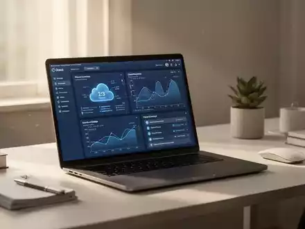 Modernes Homeoffice-Setup mit Laptop und Daten-Dashboards, das hybride Arbeitsplatzmanagement-Tools darstellt. - Foto: über boerse-global.de