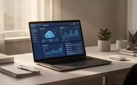 Modernes Homeoffice-Setup mit Laptop und Daten-Dashboards, das hybride Arbeitsplatzmanagement-Tools darstellt. - Foto: über boerse-global.de