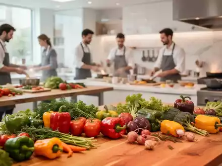 Eine moderne Gemeinschaftsküche mit frischem Gemüse und Menschen, die gemeinsam kochen. - Foto: über boerse-global.de