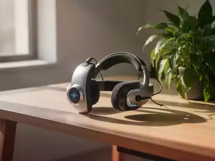 Ein modernes Neurofeedback-Headset auf einem minimalistischen Schreibtisch mit einer Pflanze in sanftem Sonnenlicht. - Foto: über boerse-global.de