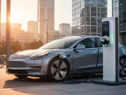 Ein modernes Elektroauto an einer Ladestation in einem urbanen Geschäftsviertel bei Sonnenuntergang. - Foto: über boerse-global.de