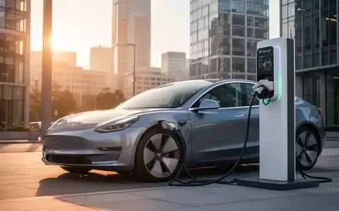 Ein modernes Elektroauto an einer Ladestation in einem urbanen Geschäftsviertel bei Sonnenuntergang. - Foto: über boerse-global.de