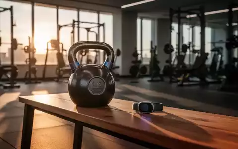 Fitness-Tracker und eine Kettlebell auf einer Holzbank in einem modernen Fitnessstudio bei warmem Licht. - Foto: ĂŒber boerse-global.de