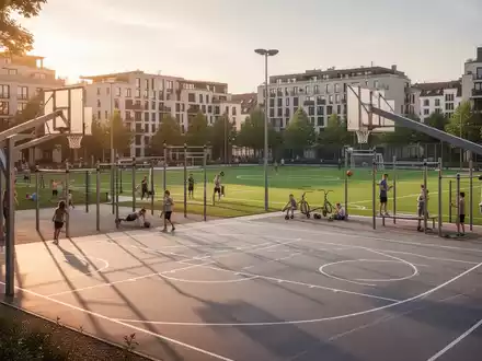Moderne, multifunktionale Sportanlage in einem deutschen Wohngebiet mit Basketballplatz, Calisthenics-Station und Fußballfeld. - Foto: über boerse-global.de