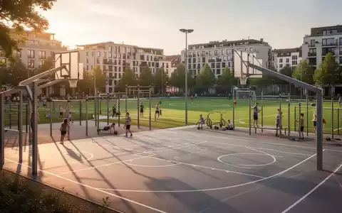 Moderne, multifunktionale Sportanlage in einem deutschen Wohngebiet mit Basketballplatz, Calisthenics-Station und FuĂballfeld. - Foto: ĂŒber boerse-global.de
