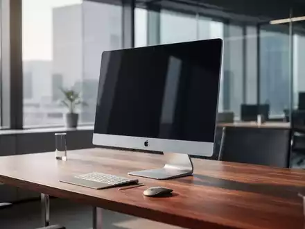 Schlanker silberner Desktop-Computer auf modernem Nussholz-Schreibtisch, hochwertige professionelle Hardware. - Foto: über boerse-global.de