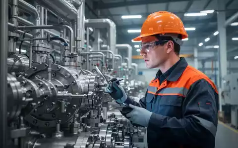 Ein Monteur in Schutzkleidung inspiziert eine komplexe industrielle Maschine in einer modernen Fabrikhalle. - Foto: über boerse-global.de