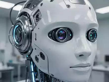 Nahaufnahme des Kameramoduls eines humanoiden Hightech-Roboterauges in einem Forschungslabor. - Foto: über boerse-global.de