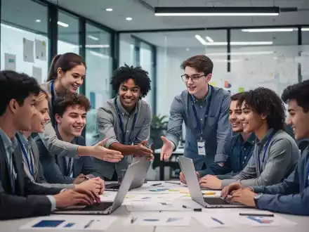 Junge Auszubildende im Gespräch während eines Workshops zur betrieblichen Mitbestimmung in einem modernen Büro. - Foto: über boerse-global.de