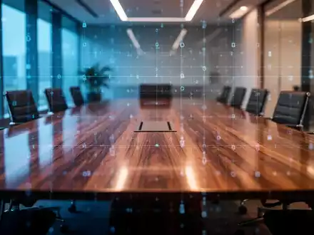 Moderner Konferenztisch mit digitalem Sicherheitsraster, symbolisiert Cybersicherheits-Compliance. - Foto: über boerse-global.de