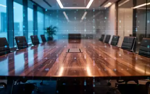 Moderner Konferenztisch mit digitalem Sicherheitsraster, symbolisiert Cybersicherheits-Compliance. - Foto: über boerse-global.de