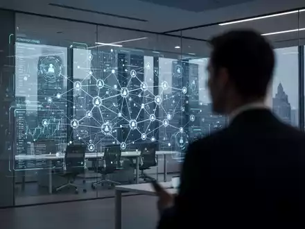 Digitale Datenvisualisierung von Finanzströmen und Blockchain-Netzwerken in einem modernen Bürogebäude. - Foto: über boerse-global.de