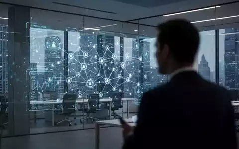 Digitale Datenvisualisierung von Finanzströmen und Blockchain-Netzwerken in einem modernen Bürogebäude. - Foto: über boerse-global.de