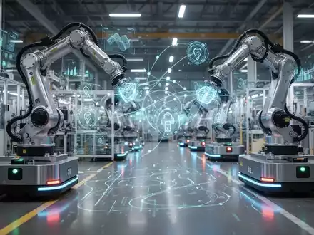 Moderne Smart Factory mit Roboterarmen, automatisierten Transportsystemen und digitalen Datenvisualisierungen. - Foto: über boerse-global.de