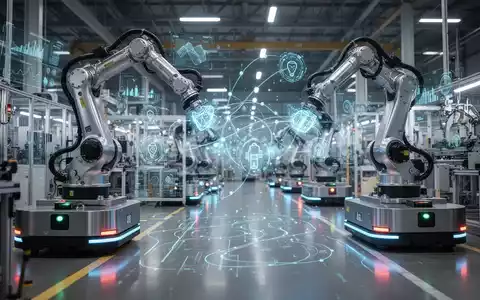 Moderne Smart Factory mit Roboterarmen, automatisierten Transportsystemen und digitalen Datenvisualisierungen. - Foto: über boerse-global.de