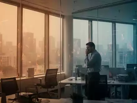 Ein gestresster Mitarbeiter schaut in einem modernen Büro durch ein Fenster auf eine flirrende sommerliche Stadtlandschaft. - Foto: über boerse-global.de