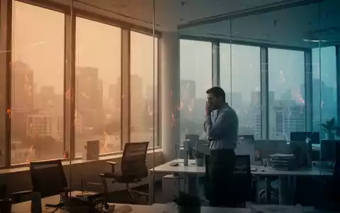 Ein gestresster Mitarbeiter schaut in einem modernen Büro durch ein Fenster auf eine flirrende sommerliche Stadtlandschaft. - Foto: über boerse-global.de