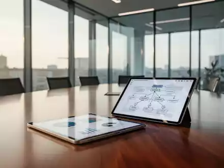 Moderner Konferenzraum mit Tablet, das Datenanalysen und Prozessdiagramme für eine strategische Unternehmensberatung zeigt. - Foto: über boerse-global.de