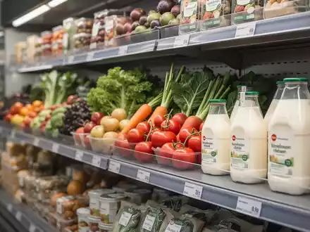 Nahaufnahme von frischen Lebensmitteln in einem deutschen Supermarktregal vor einem unscharfen Hintergrund. - Foto: über boerse-global.de
