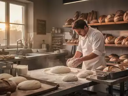 Ein Bäcker arbeitet in einer traditionellen Backstube im warmen Licht des frühen Morgens. - Foto: über boerse-global.de