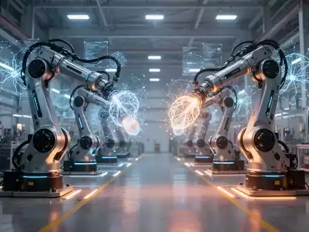 Roboterarme in einer Hightech-Fabrik, integriert mit digitalen Datenflüssen, die physische KI-Infrastruktur darstellen. - Foto: über boerse-global.de