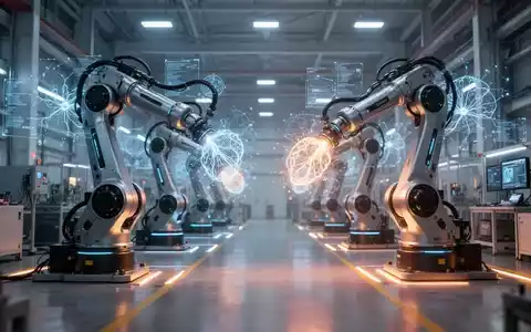 Roboterarme in einer Hightech-Fabrik, integriert mit digitalen Datenflüssen, die physische KI-Infrastruktur darstellen. - Foto: über boerse-global.de