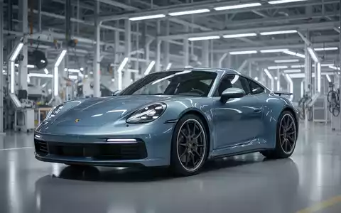 Ein moderner Porsche in einer minimalistischen, technologisch fortschrittlichen Fabrikhalle bei gedimmtem Licht. - Foto: über boerse-global.de