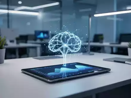 Modernes Büro mit digitalem Tablet, das Datenvisualisierungen und KI-Netzwerksymbole zur Compliance-Überwachung anzeigt. - Foto: über boerse-global.de