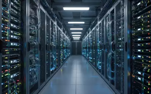 Reihen leistungsstarker Server-Racks in einem modernen Rechenzentrum mit leuchtenden Lichtern und fortschrittlicher Flüssigkeitskühlung. - Foto: über boerse-global.de