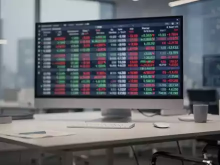 Moderner, minimalistischer Finanzarbeitsplatz mit verschwommenem Börsenticker im Hintergrund. - Foto: über boerse-global.de