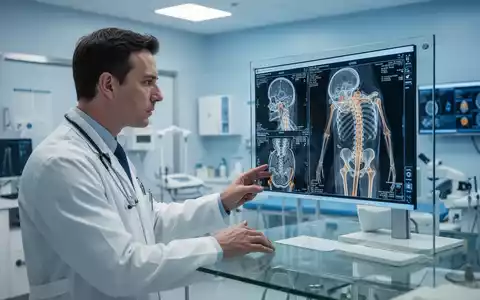 Ein Arzt betrachtet ein hochauflösendes 3D-Knochenbild auf einem Monitor in einer modernen medizinischen Praxis. - Foto: über boerse-global.de
