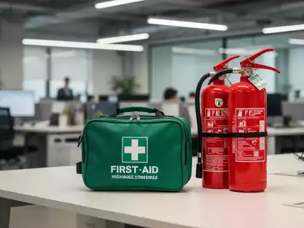 Erste-Hilfe-Koffer und Feuerlöscher in einem modernen, professionellen Büro zur Verdeutlichung der Arbeitssicherheit. - Foto: über boerse-global.de