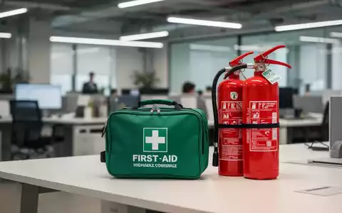 Erste-Hilfe-Koffer und Feuerlöscher in einem modernen, professionellen Büro zur Verdeutlichung der Arbeitssicherheit. - Foto: über boerse-global.de